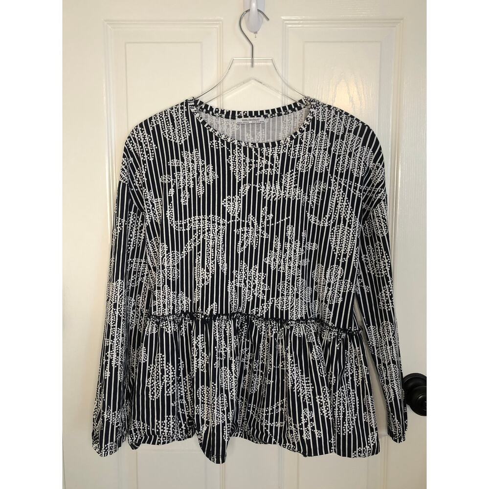 ZARA Trafaluc Dark Blue Striped Floral Peplum Hem Cotton Blouse Resort - Small